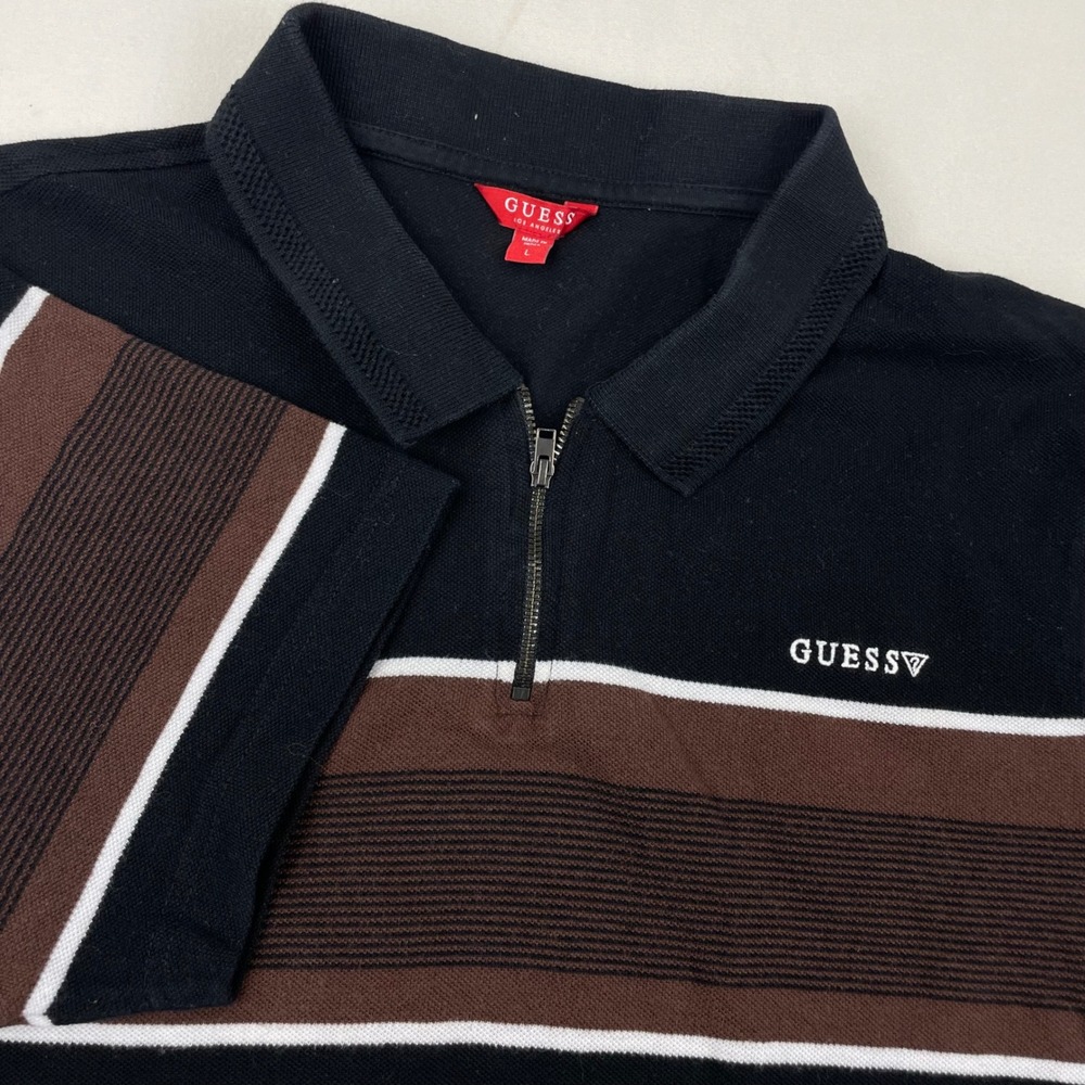 Guess Mens Quarter Zip Polo Shirt Black Brown Striped Short Sleeve Logo Large